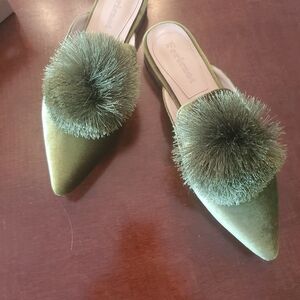 Olive Velvet Mules with Pom-Pom